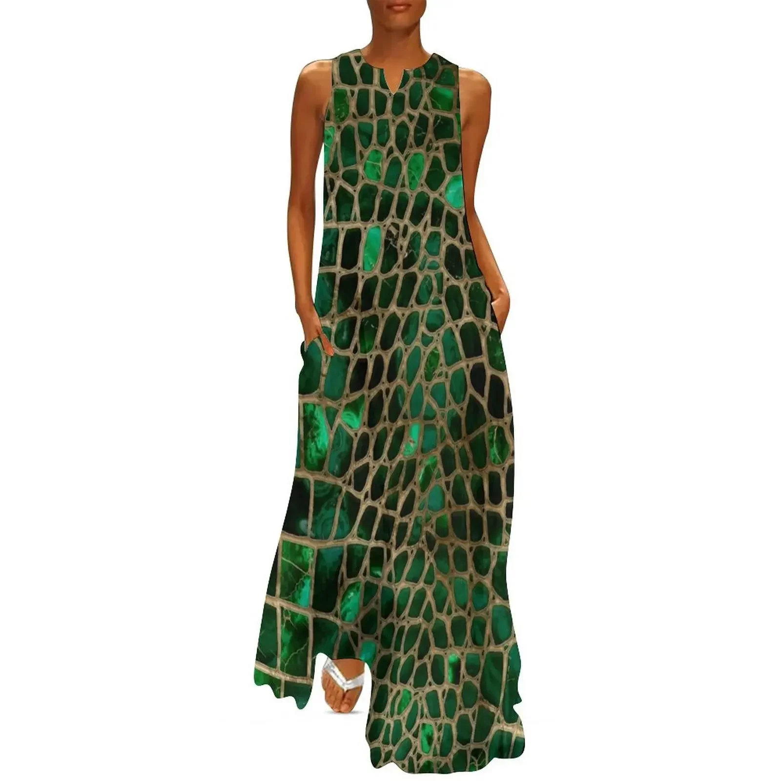 

Faux Crocodile texture Malachite and gold Long Dress Woman dresses bandage dress Female clothing Dress
