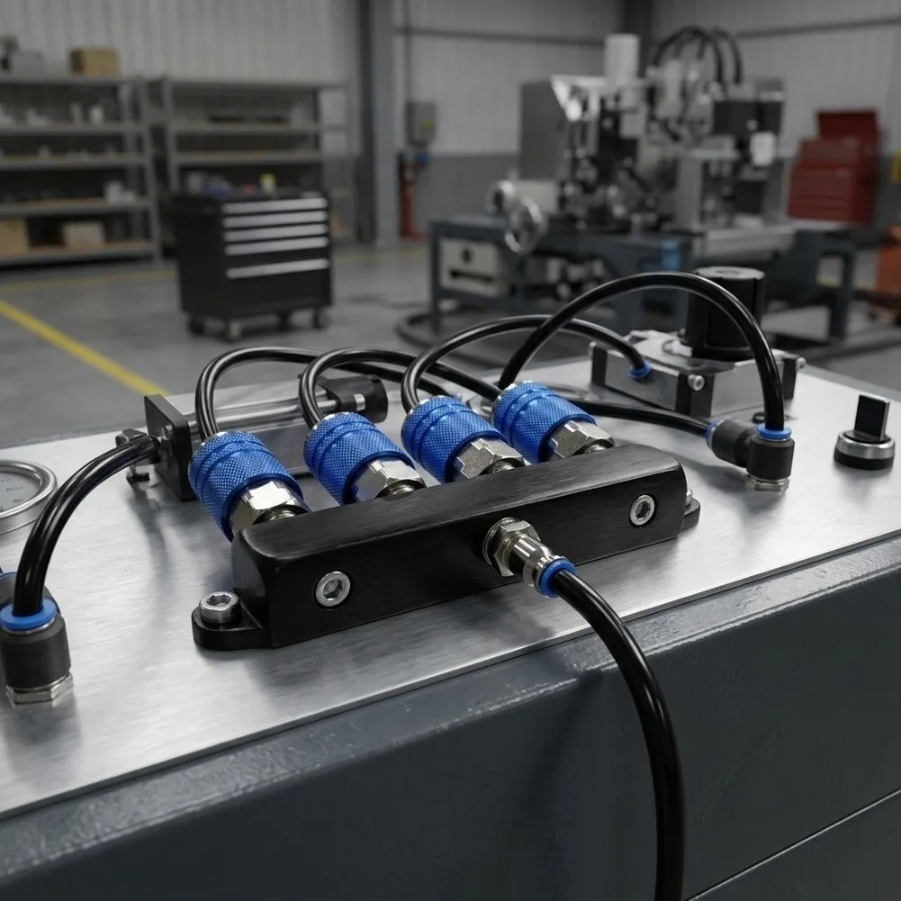 Inline Aluminum Air Manifold 4 Way Splitter with 1/4in NPT Threads for Compressor Powered Tools and Pneumatic Equipment
