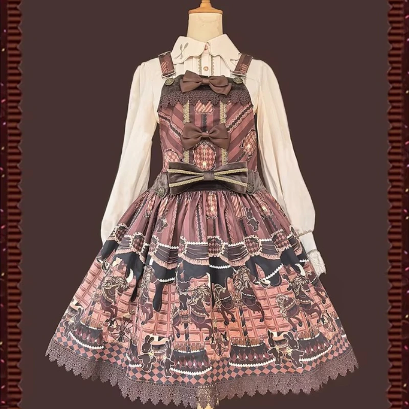 2026 New Sweet Cute Vintage Printed Lolita Salopette Dress,Chocolate Pattern Jumper Skirt for Tea Party Cosplay Harajuku