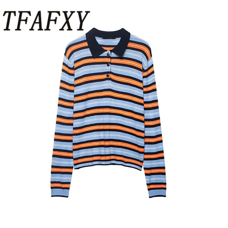TFAFXY Gestreifte Strickpullover für Damen, locker sitzend, Frühjahr 2026, POLO-Kragen, Langarm, dünne Pullover, Damen-Oberteil, Y2K