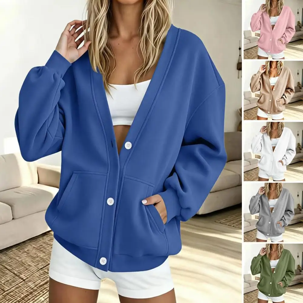 Women Button Front Cardigan Solid Color Oversized Sweatshirt with Dual Pockets Long Sleeve Casual Jacket for Fall Winter