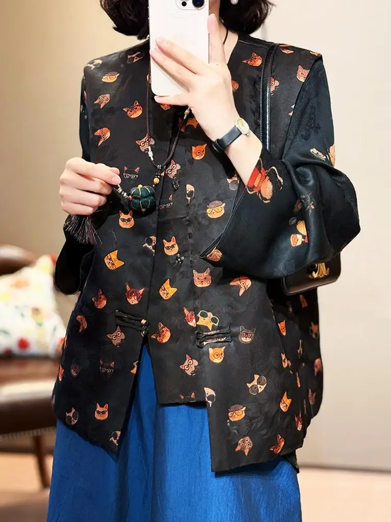 

Silk Cloud Stripe Bla Design Women's Vest Jaet Quilted Cotton round Ne Single Button Closure Commute Sle Outerwear