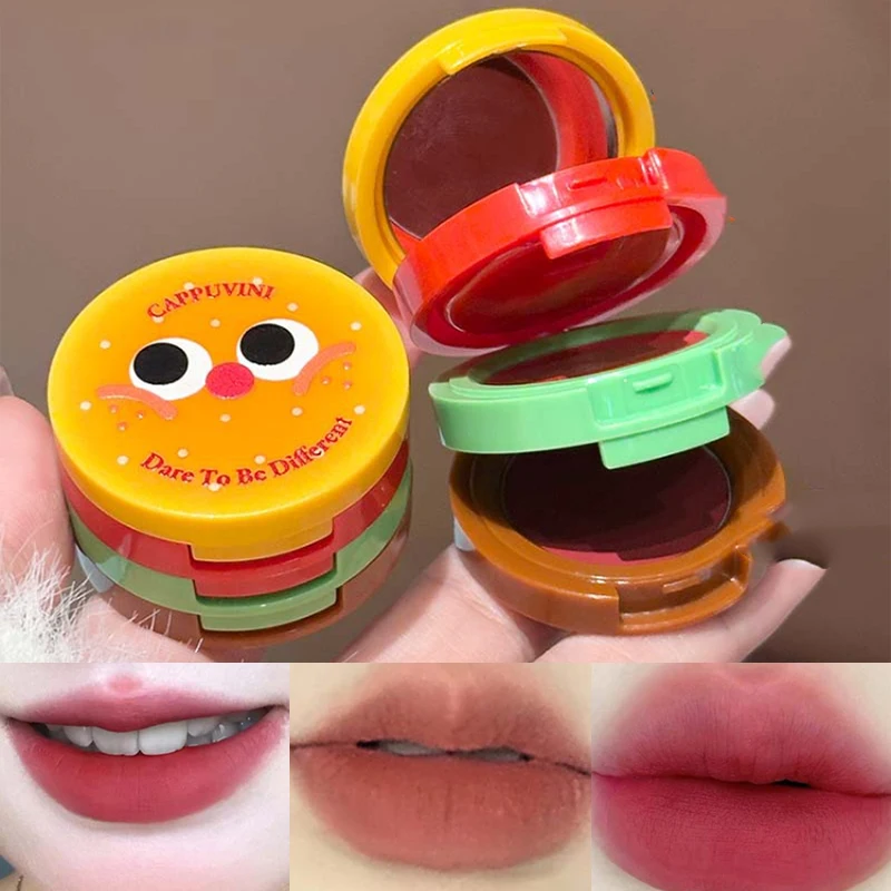 3 Color Velvet Lip Mousse Matte Butter Formula LongLasting Non-Drying Cute Hamburger Design Compact and Portable Women Cosmetics