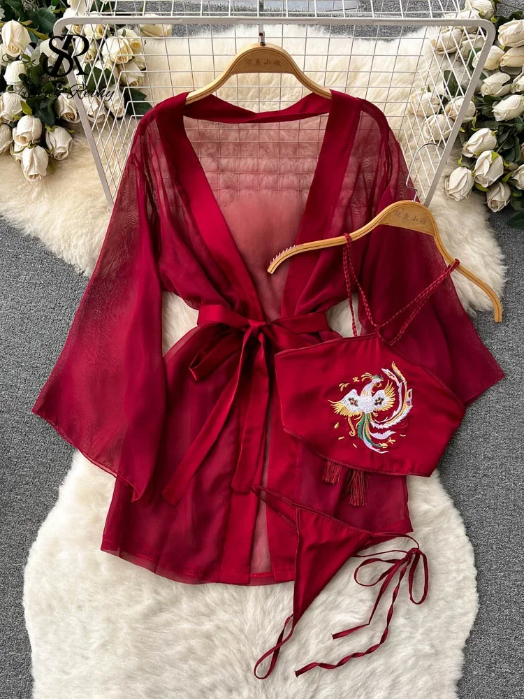 

SINGREINY Sensual Hanfu Retro Uniform Suits Women Halter Embroidery Camis Long Sleeve Cardigan Sheer Chiffon Sexy Robes Sets