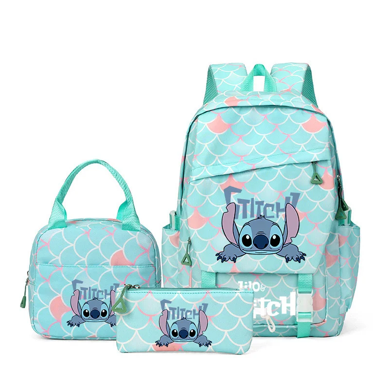 

3pcs Lilo Stitch Fish Scale Student Backpack Lunch Bag Pencil Bag Schoolbag For Teenage Girls Boy Gift