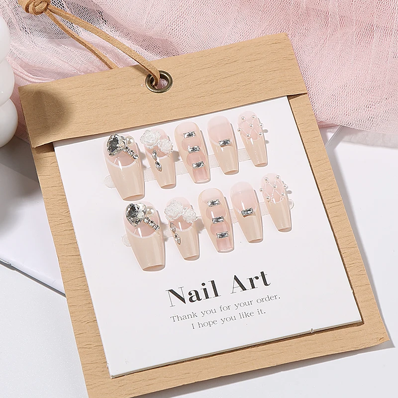 تابوت باليه مصنوع يدويًا أظافر مضبوطة ، تصميم حجر الراين واللؤلؤ ، أطراف أظافر زائفة مع ملصق جيلي ، فاخرة ، كاميليا ، 10 ~