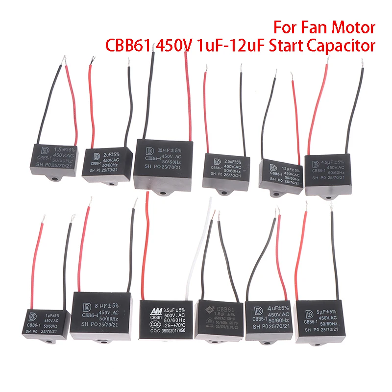 CBB61 450V 1uF~12uF Terminal Ceiling Fan Motor Running Rectangle Start Capacitor