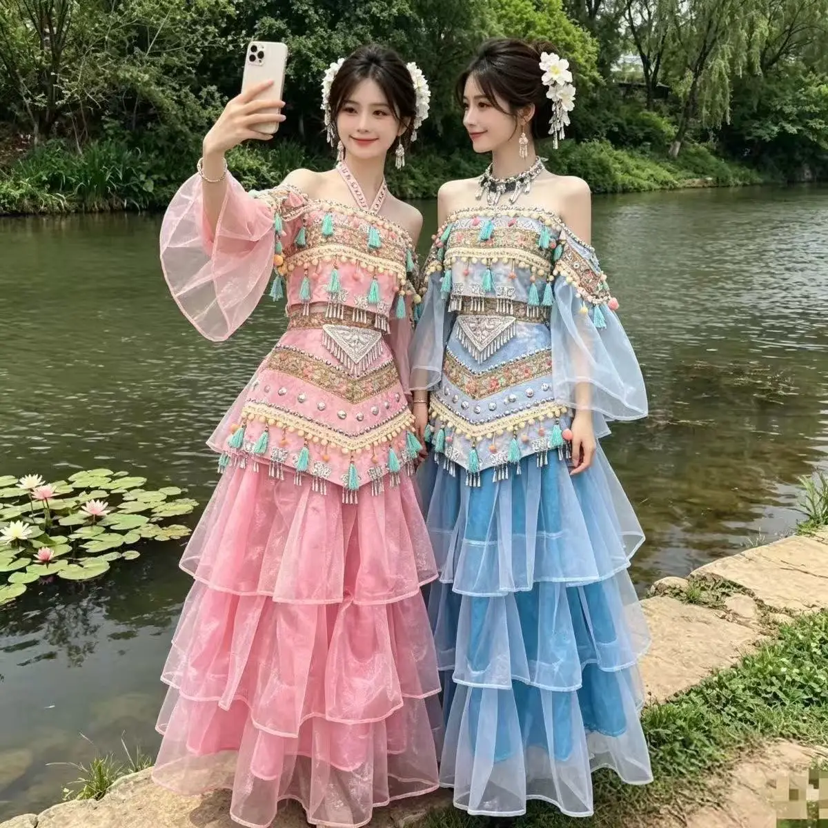 Elegant Hmong Costume Women's Traditional Ethnic Minority Clothing Ancient Chinese Hanfu Summer Beach Party Girl Cosplay Outfits
