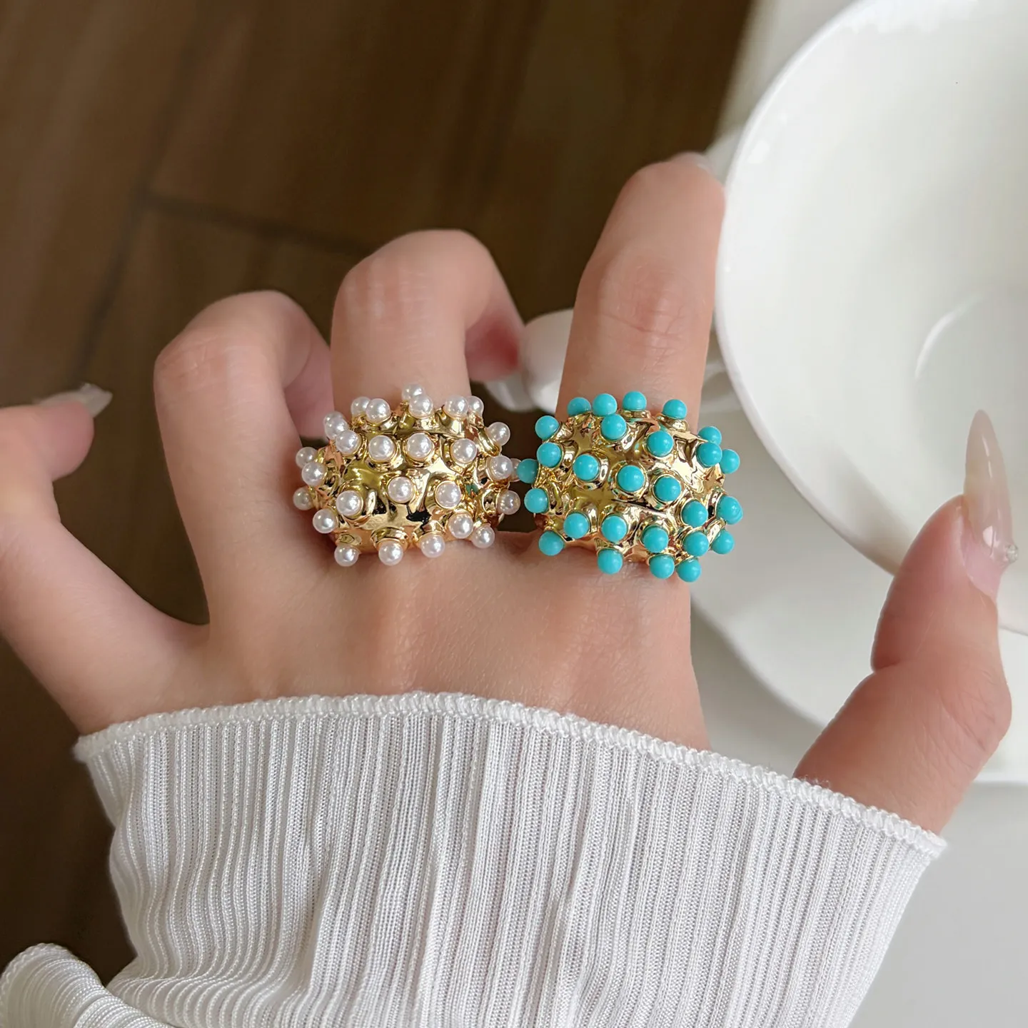 Colorful Beaded Cluster Gold Statement Ring Retro Bubble Ball Open Adjustable Ring Unique Chunky Finger Jewelry For Women