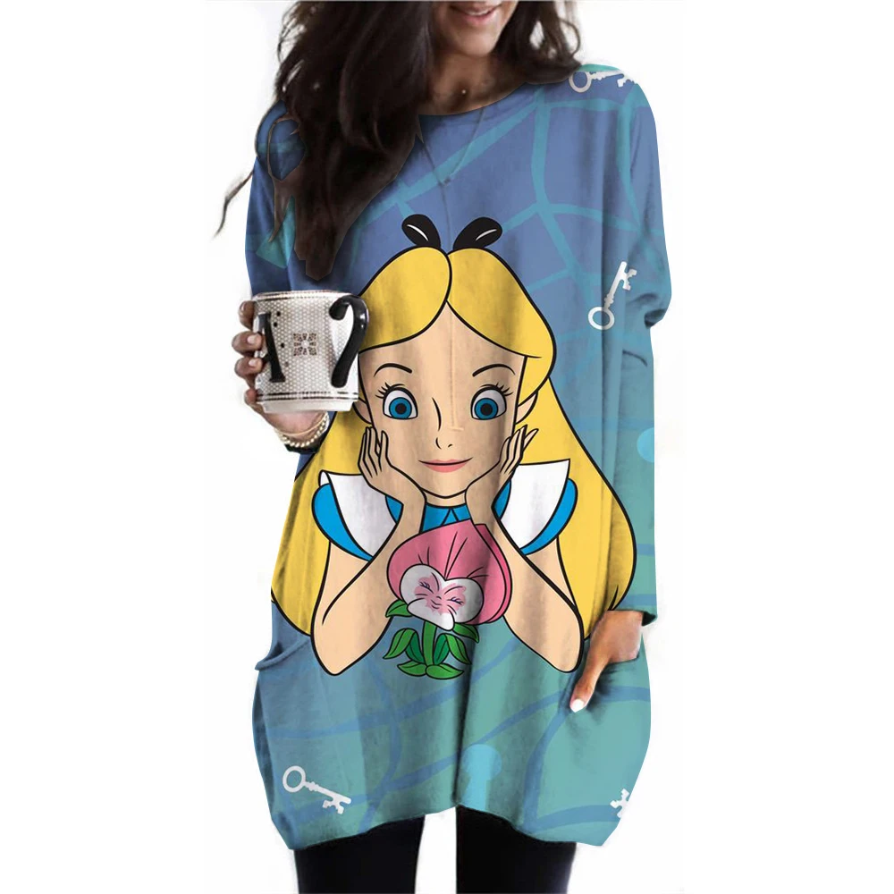 جديد ديزني الأميرة المطبوعة تي شيرت المرأة طويلة الأكمام جيب تي شيرت أعلى الخريف أزياء عارضة قميص المتضخم جولة الرقبة سحب #6