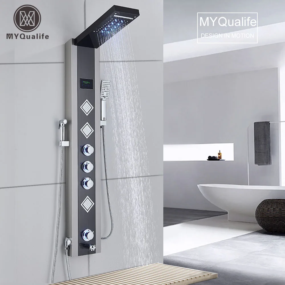 MYQualife New Top Design Led Shower Panel 5  Function Bathroom Shower Faucet  Wall Mounting Black Cold and Hot Shower Column