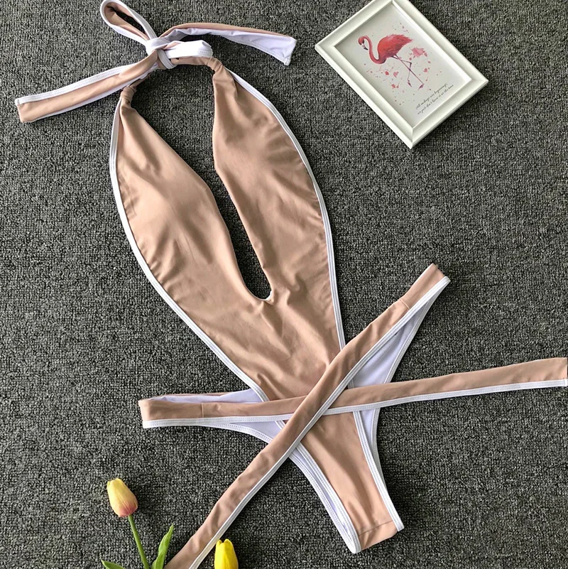 Sexy One Piece Swimsuit Thong Monokini Swimwear Women 2023 New Backless Cut Out Halter Bandage V Neck Plunging Bathing Suit