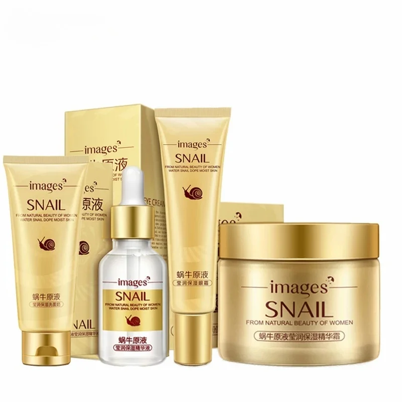 4PCS Images Snail Face Skin Care Set Day Cream/ Essence/ Eye Cream/Cleanser Anti Aging Repair Whitening Nursing Facial Sets