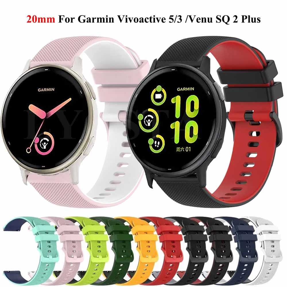 Pulseira de silicone para Garmin Vivoactive 5 3, Venu SQ 2 Plus, Vivomove HR, Forerunner 55, 158, 245, Pulseira, 20mm