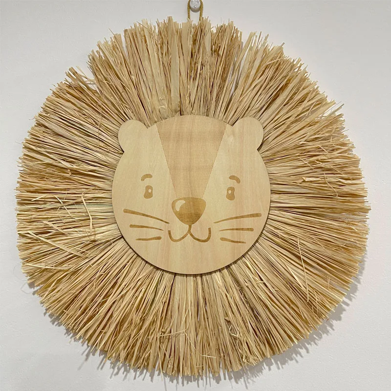 Nordic Nursery Decor Handmade Wood Straw Woven Cartoon Lion Decoration Wall Hanging Ornament for Children\'s Room Decoration