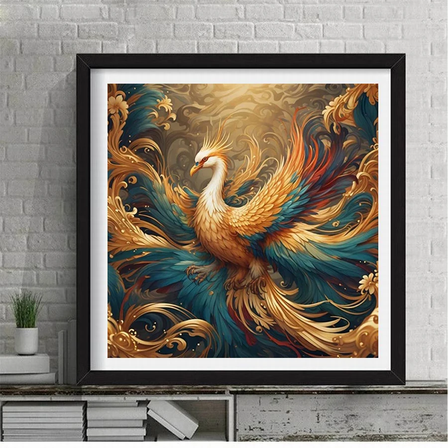 Diy 5d Diamond Painting New Arrival 2024 Golden Blue Phoenix Full Mosaic Embroidery Animal Birds Rhinestone Picture Wall Decor