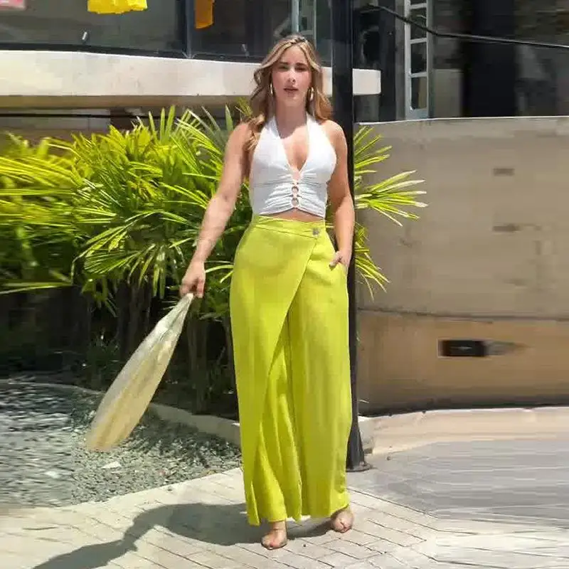 

2025 New Women's Sleeveless Neck Hanging Wide Leg Pants Set Fashionable Asymmetrical Cross-Border Clothing Winter Collection