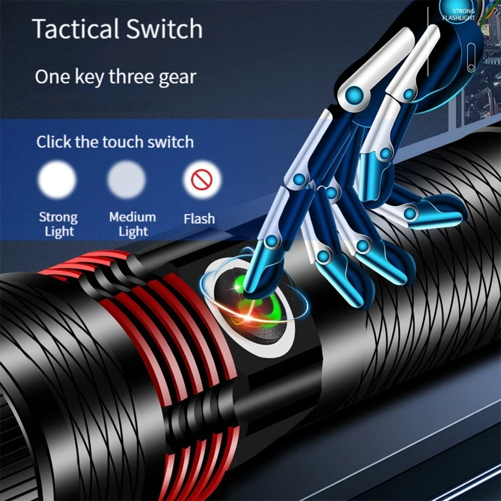 Super Bright LED Flashlight USB Rechargeable Distant Light Torch Outdoor Zoom Lamp Camping Fishing Lantern Use 18650 Battery