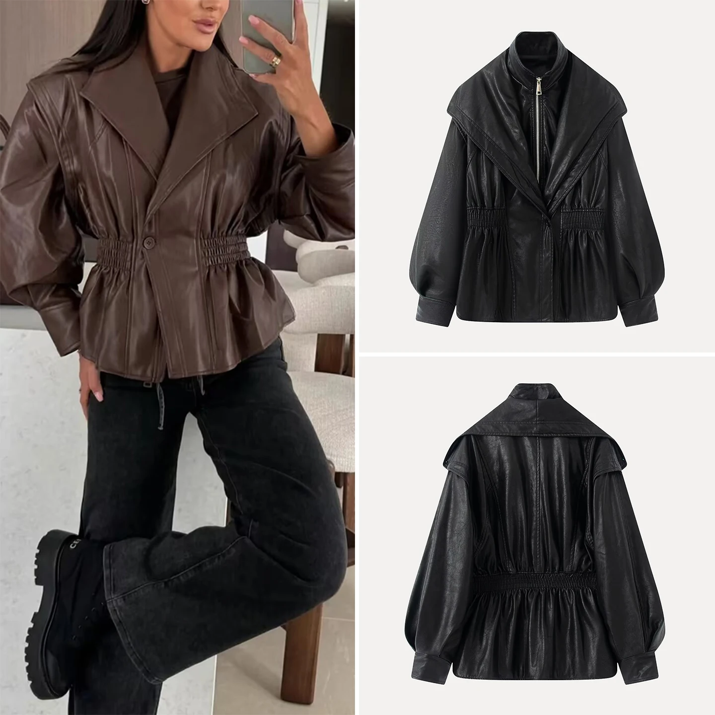 웨이드 인조 가죽 자켓 여성용 패션 2025 가을 투피스 슬레 아우터웨어 (케츠 포함) 출퇴근용 슬레 루즈핏 롱 슬...