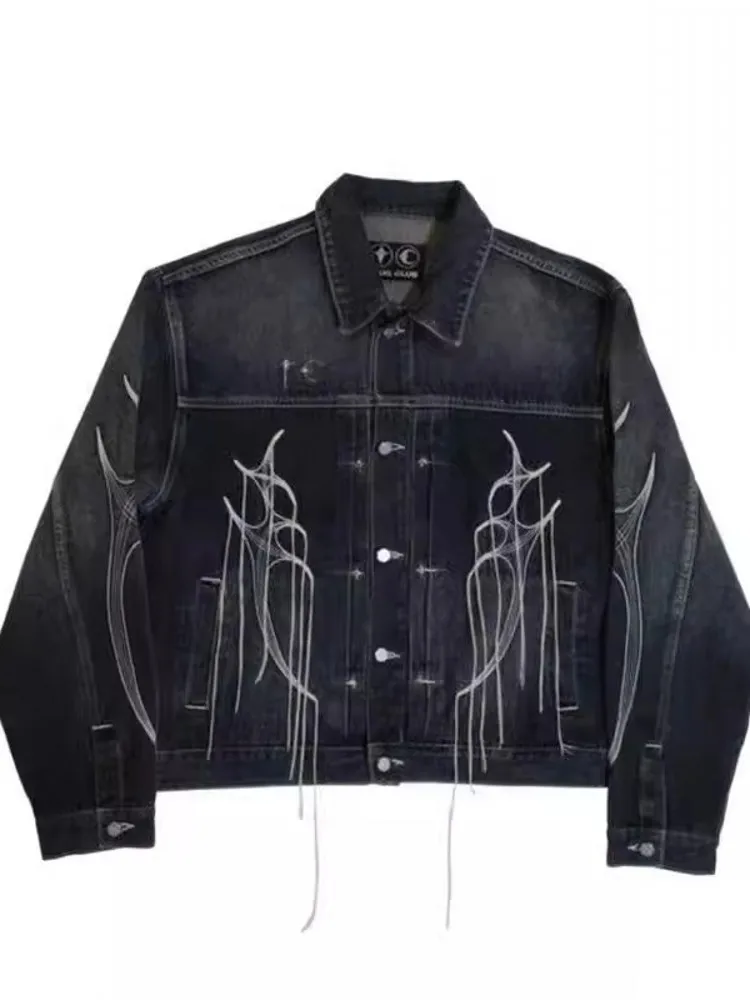 High Street Mens Loose Fit Tassels Embroidery Denim Jacket Jeans Two Piece Set Loose Fit Stage Show Outfits Hip Hop Cowboy Sets