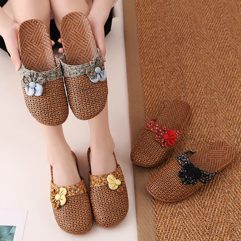 New Women Summer Female Casual Slides Floral Flax Flip-Flop Ladies Bow Sandals Woven Linen Home Slippers for Women Shoes