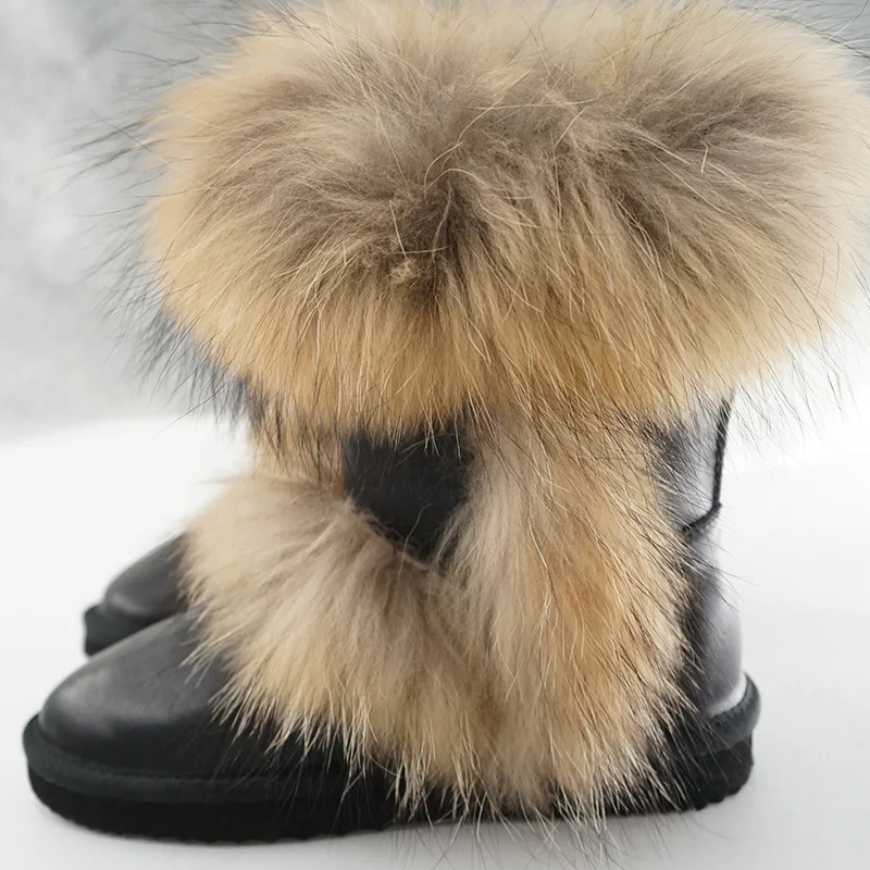 Fashion Big Fox Fur Woman Snow Boots Lady Winter Boots Genuine Cowhide Leather Mid-calf Warm Boots Easy to Clean Women Boots