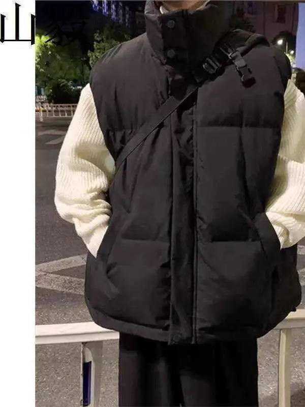 

Теплый утолщенный пуховый жилет для мужчин: повседневный свободный крой, воротник-стойка, безрукавка в молодежном стиле, подходит для делового образа