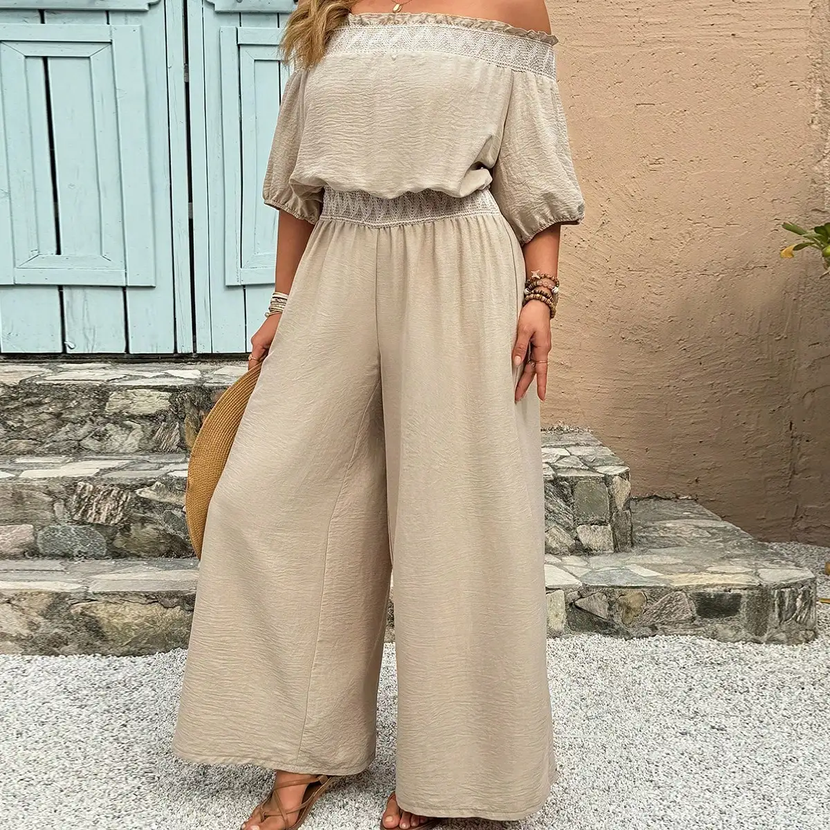 Women's Off-Shoulder Wide Leg Jumpsuit - Beige Textured Fabric with Lace Waistband for Summer & Resort Wear view 3