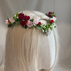 Red Pink Flower Hair Wreath Rose Wedding Tiara Fairy Flower Crown Medieval Circlet Woodland Headpiece For Fairy Costume