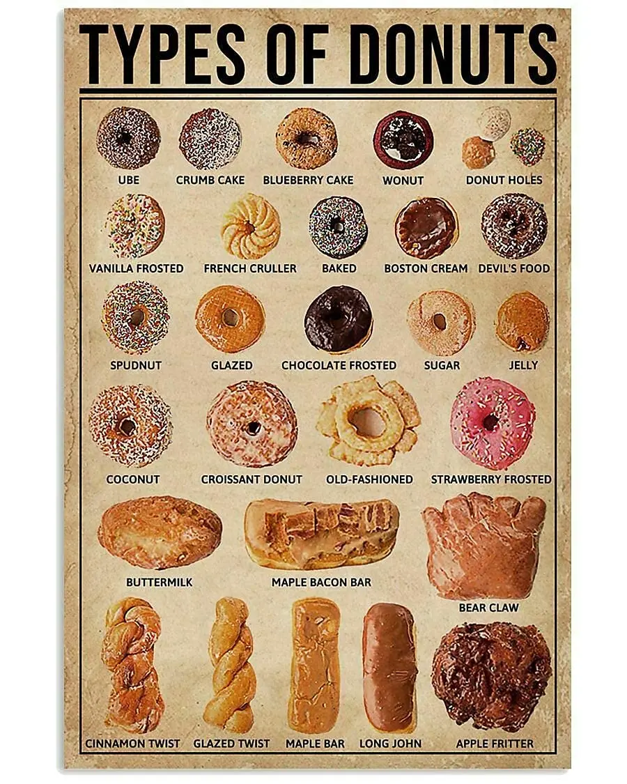 Veidsuh Types of Donuts Tin Sign Metal Sign Metal Sign Tin Sign Wall Art