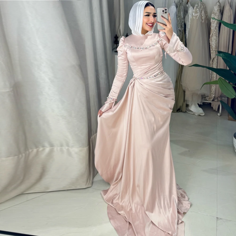 

Мусульманское вечернее платье по индивидуальному заказу с боковым шлейфом и круглым вырезом с расклешенными рукавами, исламские платья для торжественных случаев, драпированное платье для выпускного вечера