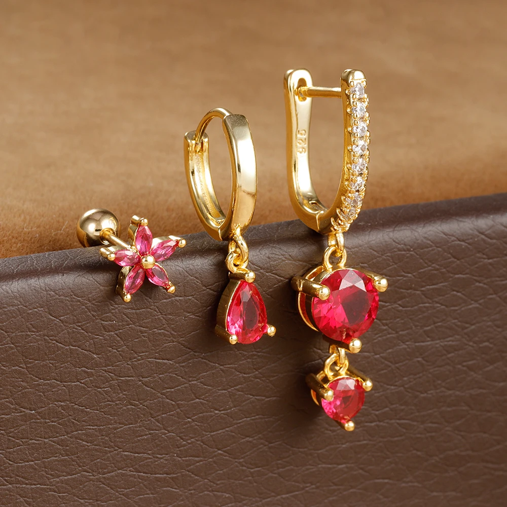 3PCS Luxury 6 Styles Colorful Zircon Flower Pendant Earrings Set for Women 18K Gold Plated Huggie Earring Party Wedding Jewelry