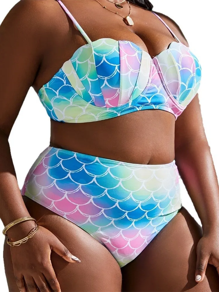 Plus Size Bikini zestaw stroje kąpielowe kobiety 2024 Sexy syrenka Shell Push Up z fiszbinami 3-częściowy strój kąpielowy kobieta Tankini strój