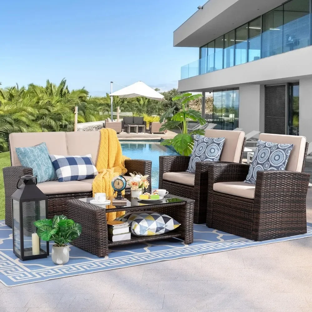 

Outdoor Patio Furniture 4 Piece Set, Modern Wicker Rattan Sectional Sofa Couch with Glass Coffee Table | Brown