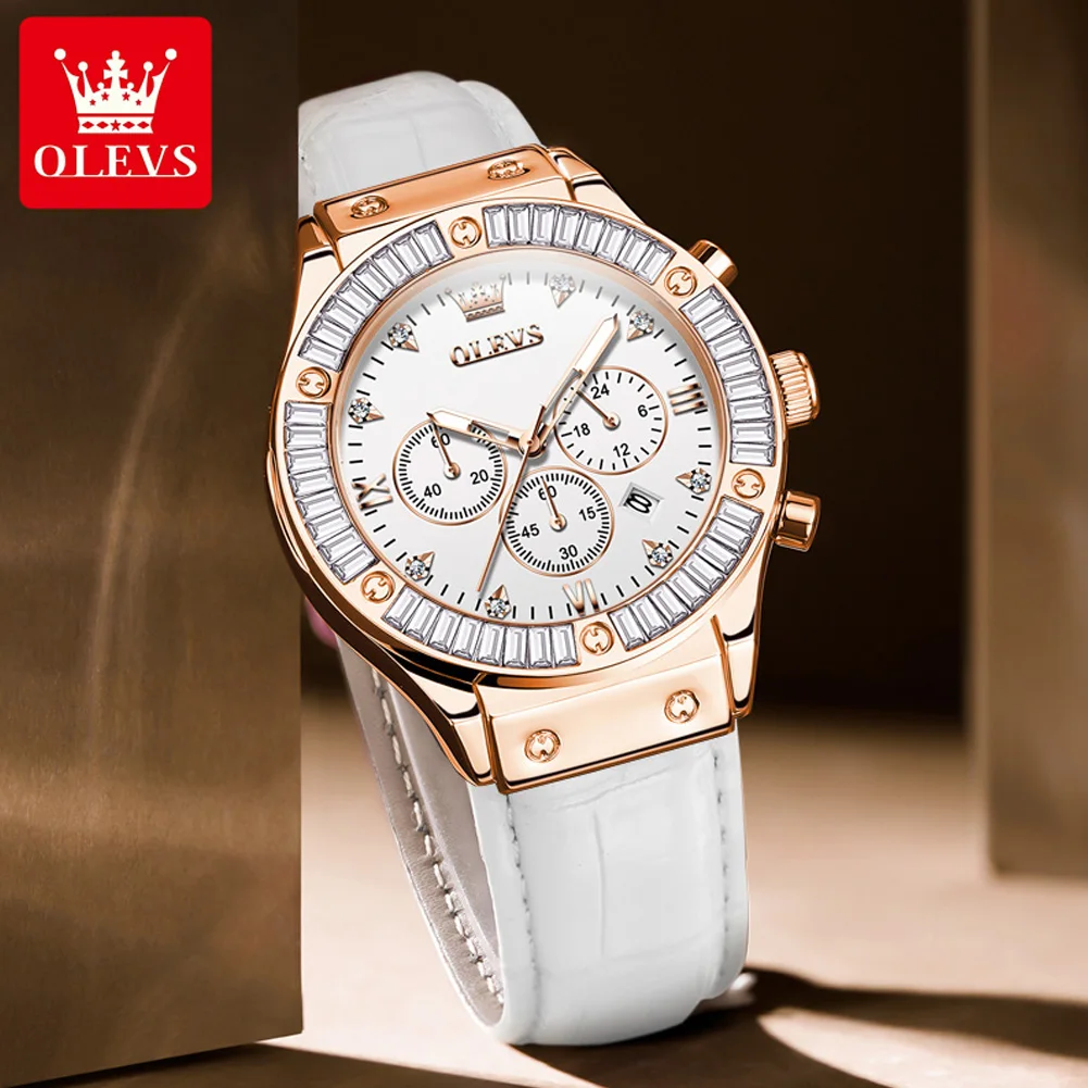 OLEVS Brand Luxury Crystal Quartz Watch for Women Fashion Leather Strap Waterproof Luminous Calendar Chronograph Watches Womens