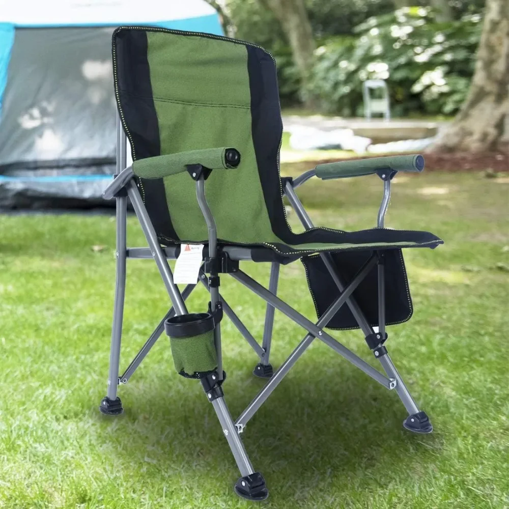 

Portable Camping Chair with Side Pockets Cup-Holder Heavy-Duty Carrying Bag Padded Armrests Folding Camping Quad Chair Outdoor