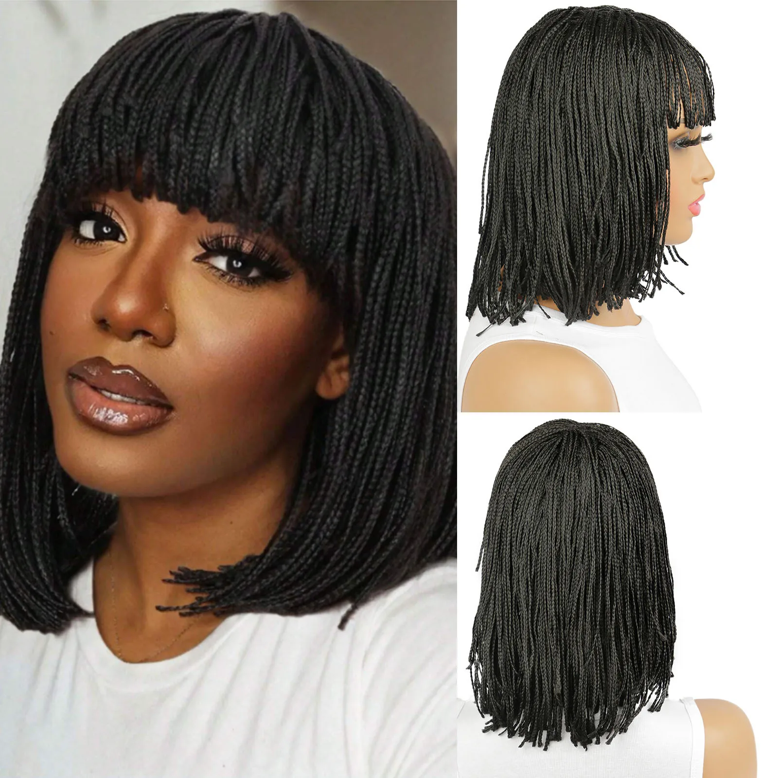 SQRDGQ Synthetic Hair Woman Wigs Short Braided Wigs for Women Braid African Bob Wig with Bangs Ombre Color Black Wig Female