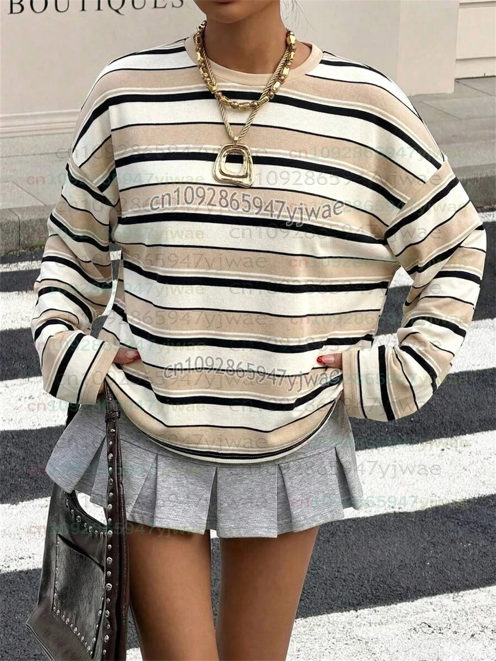 2027 Herbst/Winter Neu Heiß Braun und Blau/Rosa Bunt Gestreiftes Sportliches Colorblock-Print Damen Retro Street Langarm-T-Shirt – Detail 9