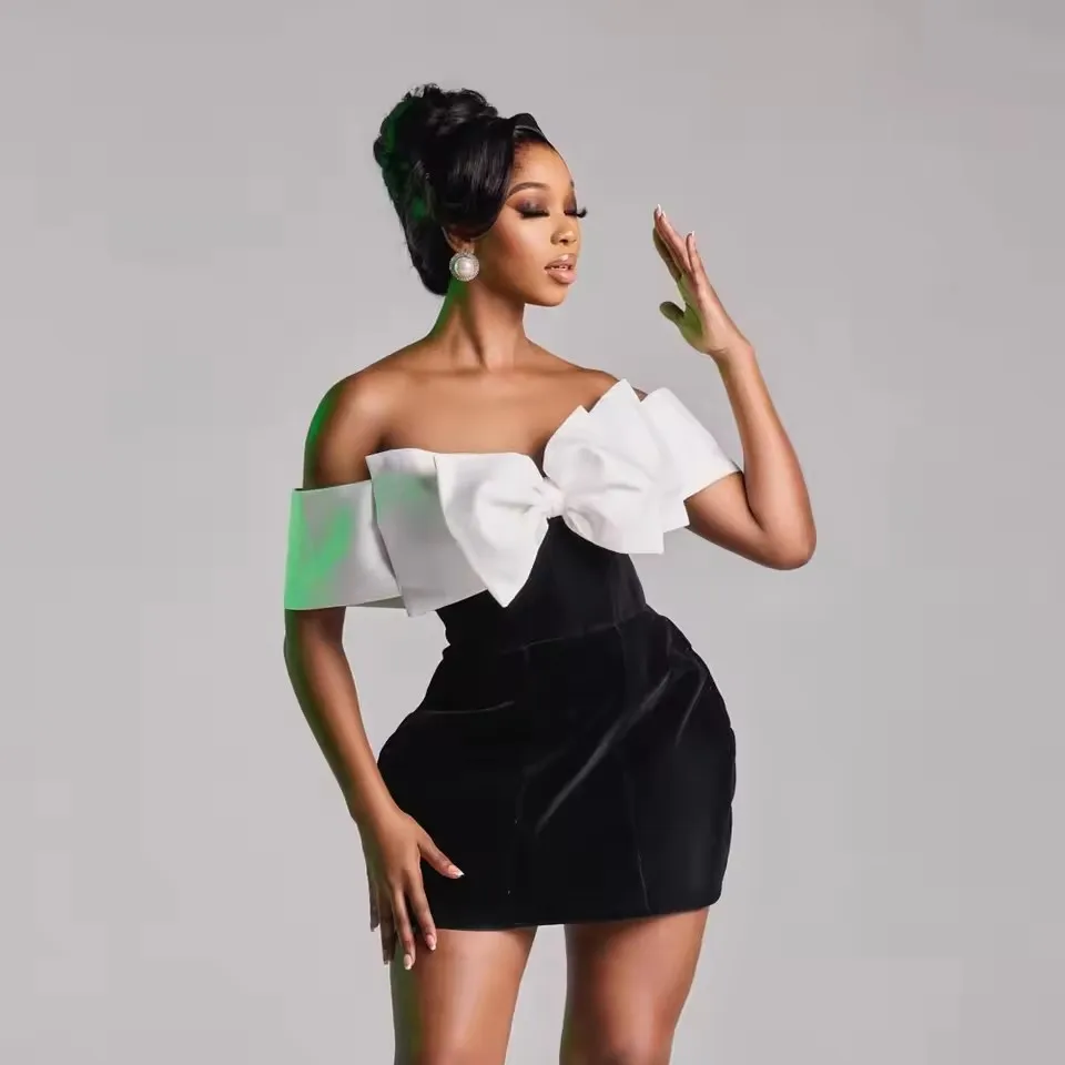 

2025 Handmade Bow Strapless Mini Maxi Dress Birthday Party Dress Couture Velvet Sheath Short Women Party Dresses