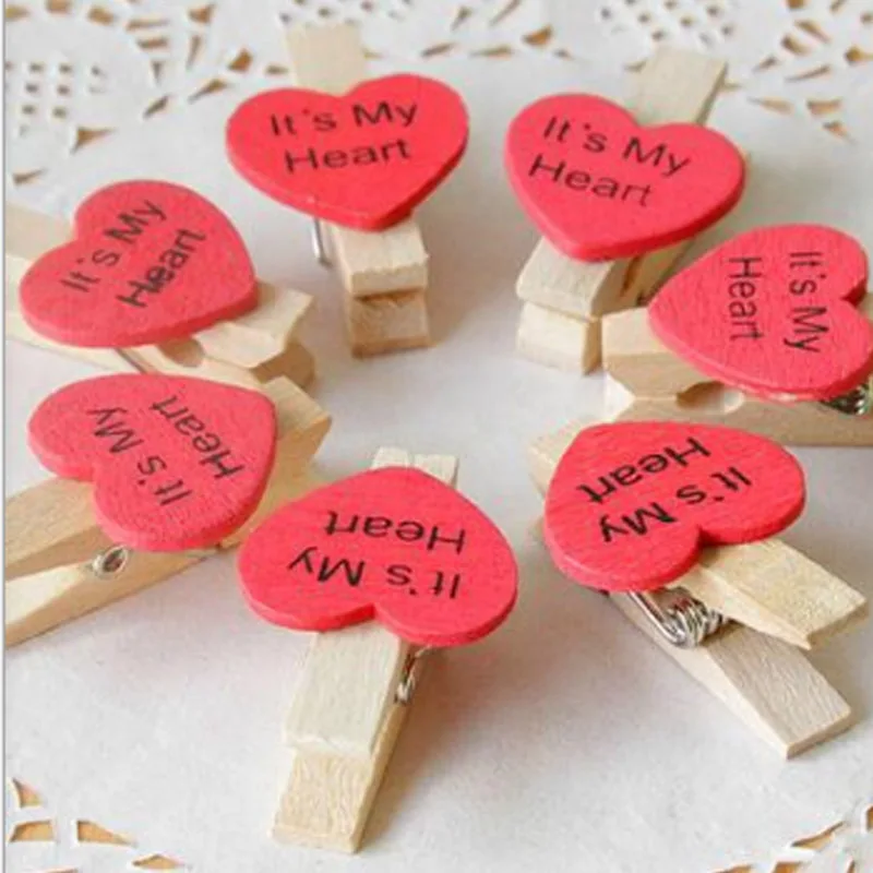 35x7mm 20pcs Wooden Red Love Heart Photo Clips Memo Paper Peg Clothespin Stationery Christmas Wedding Party Craft DIY Home Decor