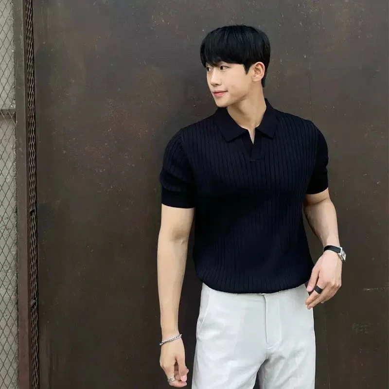 Men Short Sleeve T Shirt Knit Polo V-Neck Solid Color Short-sleeved T-Shirts Korean Luxury Slim Soild Retro Tops Tees Clothes