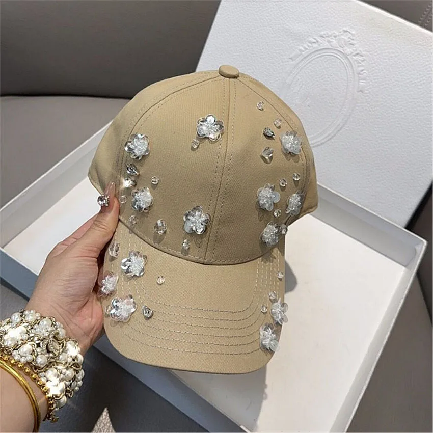 202403-shi ins facebook spring Design Pure manual sewing  Sequin flower crystl bead lady baseball hat  women leisure visors cap