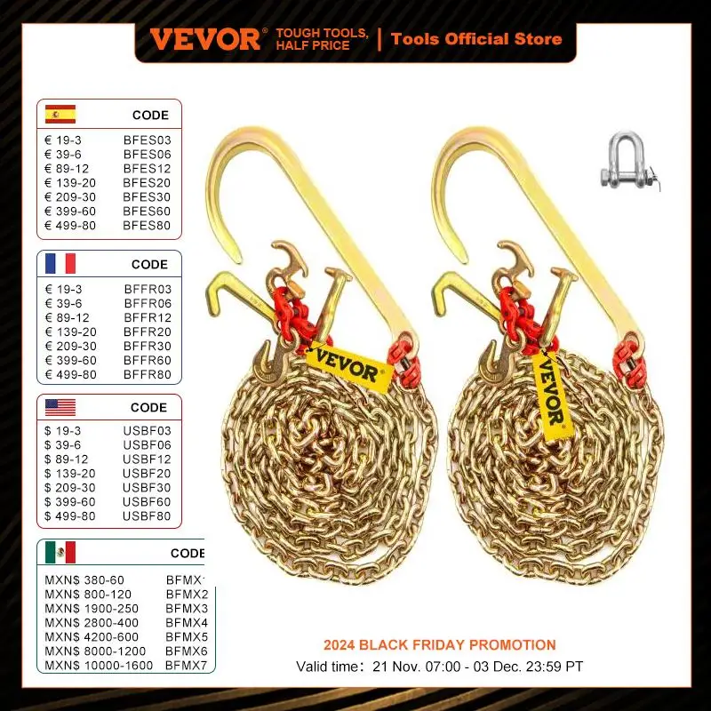 VEVOR J Hook Chain 5/16 in Bridle Adjustable Tow Chains  w/ G80 Alloy Steel J-Hooks & T-Hooks 9260lb Break Strength for Trucks