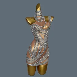 Sexy Luxury Sleeveless Dresses For Women Prom Club Mini Dress Sleeveless See Through Bodycon Dress Sparkly Rhinestone Liuzhuan