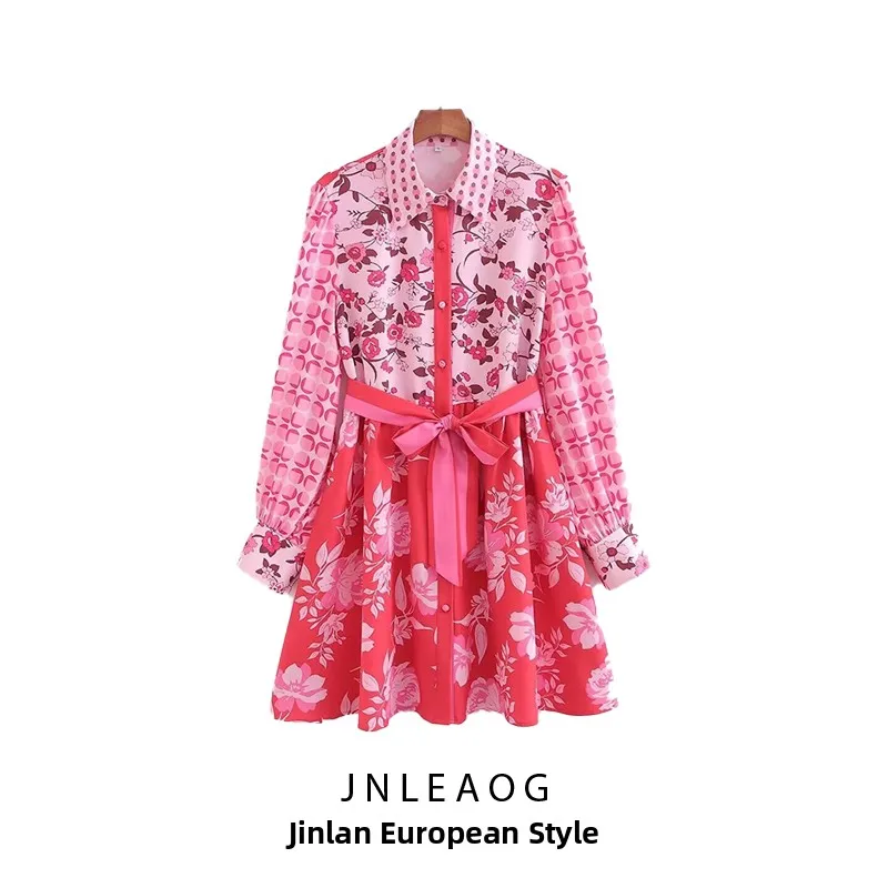 Ele imprimé col ceinturé Dr automne nouveau Sle femmes Faion Design taille haute a-ligne jupe en Fiber de Polyester