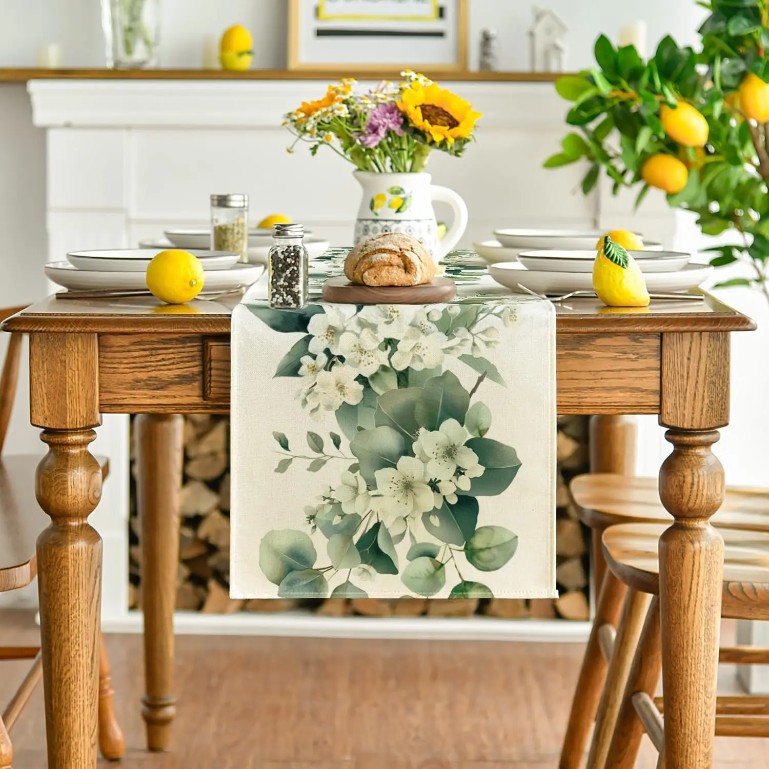 Summer Camellia Flower Linen Table Runner Spring Floral Leaves Dresser Scarf Table Decor Holiday Wedding Party Dining Room Decor