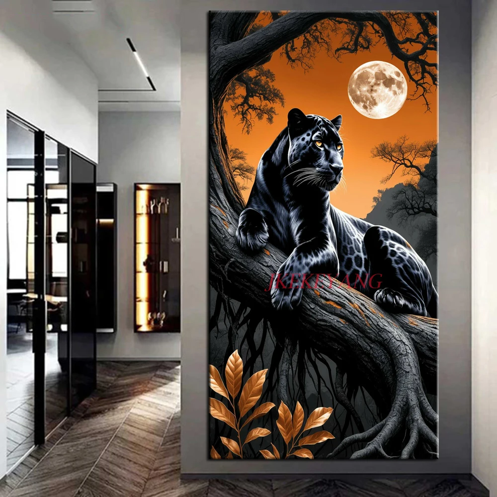 Black Leopard and Moon Picture DIY Diamond Painting Cross Stitch Full Drills Diamond Mosaic New Collection Home Decor