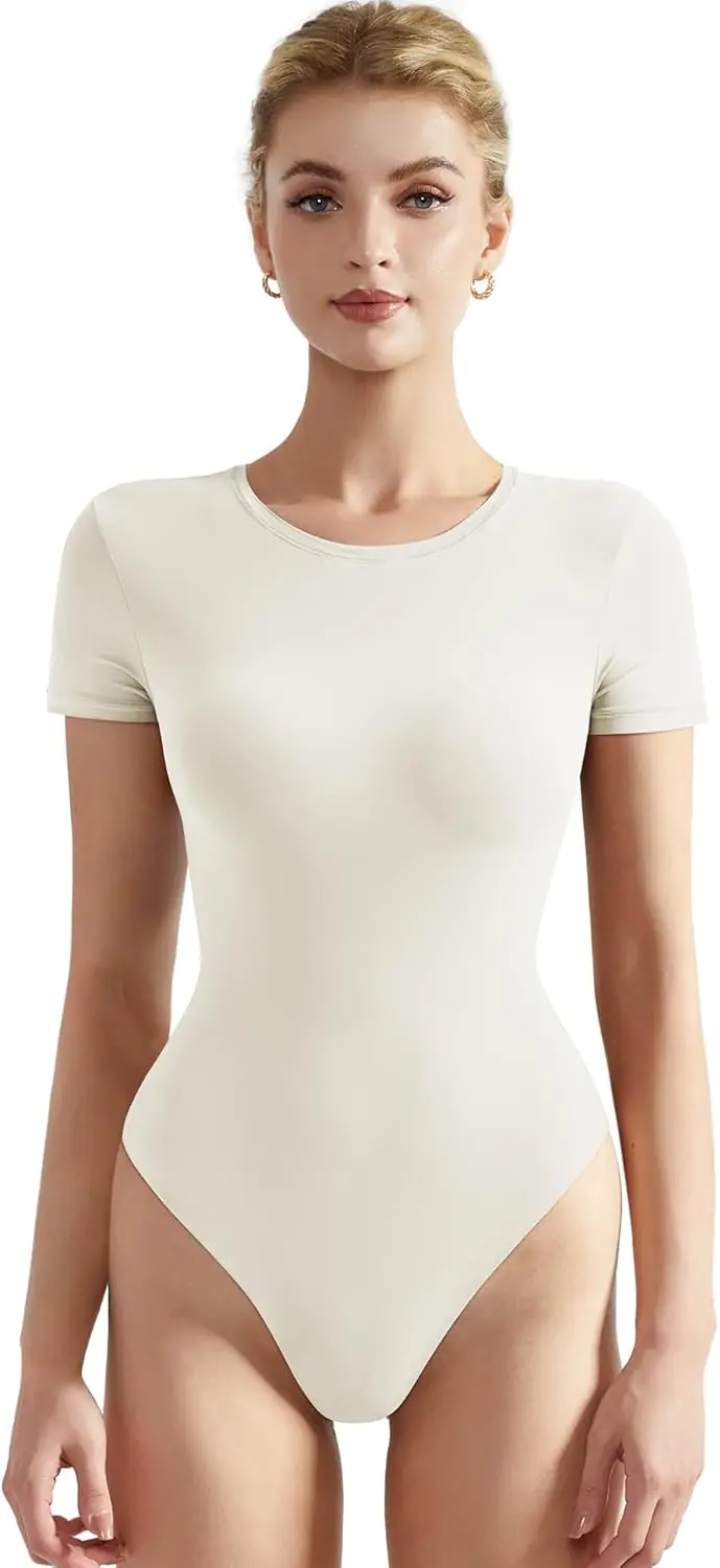 

Women Crew Neck Short Sleeve Thong Bodysuit Shirts Basic Top