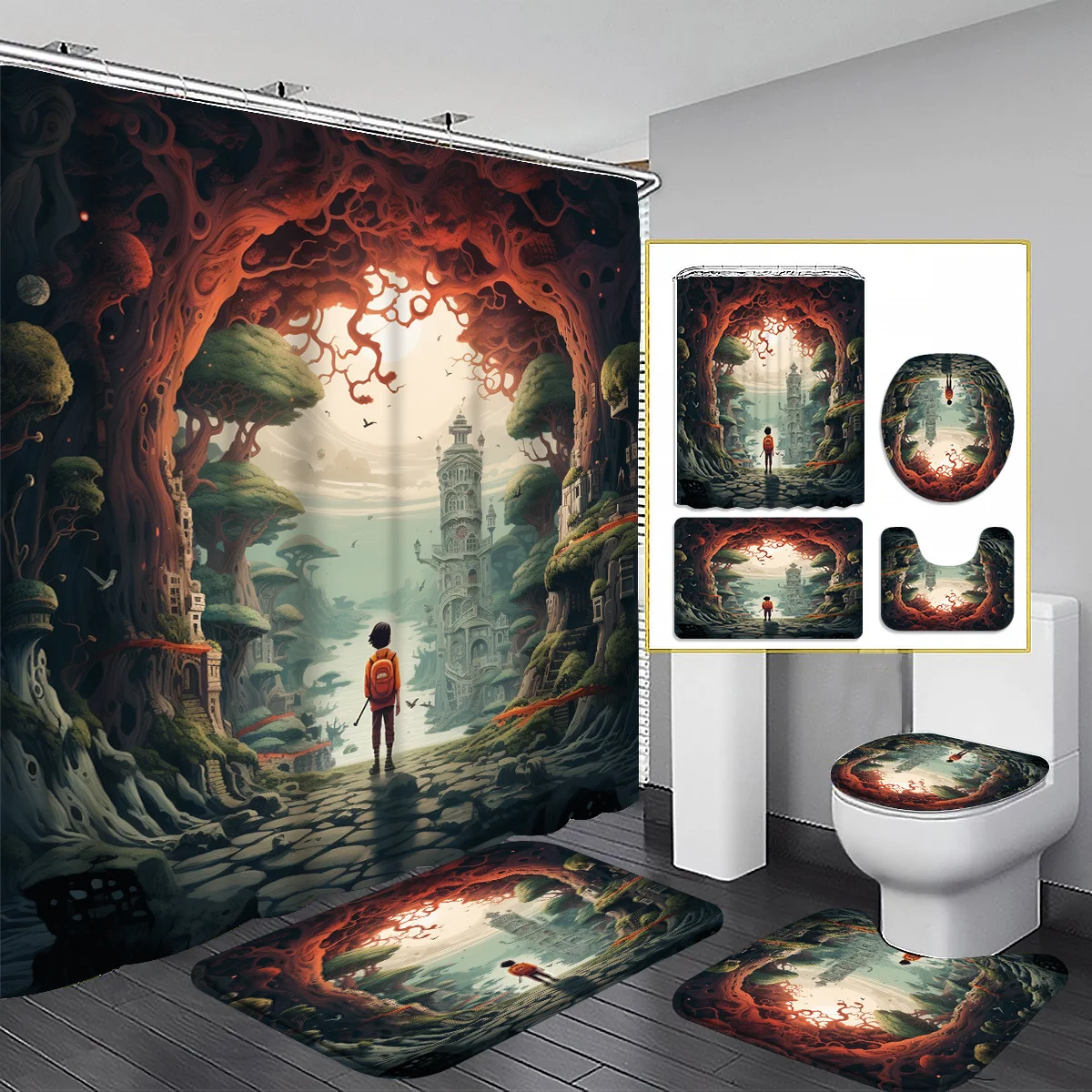 

4pcs Fantasy Secret Forest Castle Path Boy Pattern Shower Curtain Set, Bathroom Curtains, Bathroom Decorative Floor mat