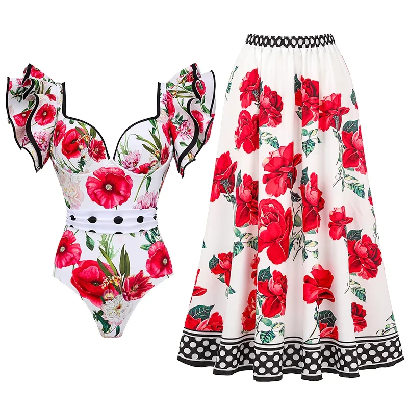 

2023 Ruffled Rose Printed One Piece Swimsuit and Skirt Swimwear Set Women Beachwear Luxury Bathing Suit